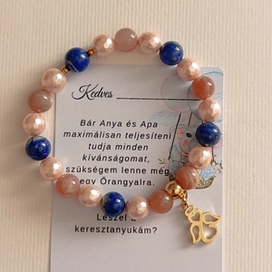 Keresztanya felkérő karkötő lapis lazulival, barack holdkővel és kagylóval, Ékszer, Karkötő, Gyöngyös karkötő, Ékszerkészítés, MESKA