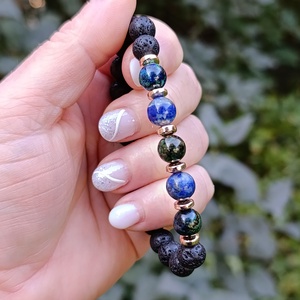 Azurit-malachit, lapis lazuli, hematit és lávakő női ásvány karkötő, aroma ékszer, Ékszer, Karkötő, Ásványkarkötő, Ékszerkészítés, MESKA