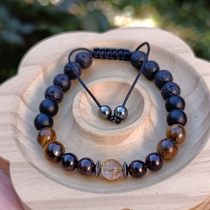 Férfi ásvány karkötő citrinnel, gránáttal, tigrisszemmel, ónixszal és lávakővel, Ékszer, Karkötő, Ásványkarkötő, Csomózás, Ékszerkészítés, MESKA