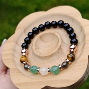 Bőségtudat női ásványkarkötő aventurinnal, tigrisszemmel, pirittel, hematittal és ónixszal - ékszer - karkötő - ásványkarkötő - Meska.hu