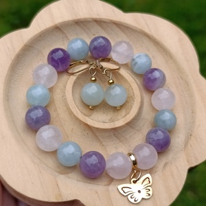 Akvamarin, ametiszt és rózsakvarc női ásvány karkötő pillangó medállal - Meska.hu