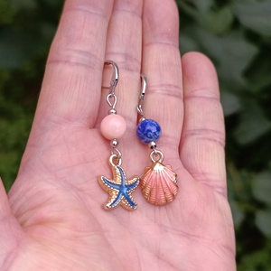 Fülbevaló lapis lazulival, rózsaszín jádeval, kagyló és tengericsillag dísszel, Ékszer, Fülbevaló, Lógó fülbevaló, Ékszerkészítés, MESKA