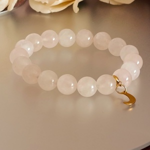 Rózsakvarc ásvány karkötő nemesacél Hold medállal, Ékszer, Karkötő, Ásványkarkötő, Ékszerkészítés, MESKA