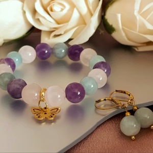 Akvamarin, ametiszt és rózsakvarc női ásvány karkötő pillangó medállal, Ékszer, Karkötő, Ásványkarkötő, Ékszerkészítés, MESKA