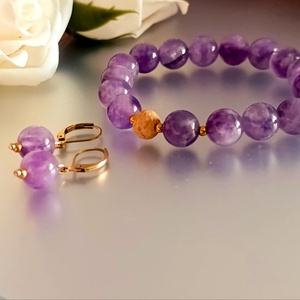 Ametiszt ásványkarkötő illatos Palo Santoval és fülbevalóval - ékszer - ékszerszett - Meska.hu