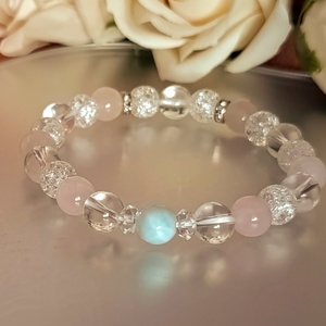 Larimár, madagaszkári rózsakvarc és hegyikristály női ásvány karkötő - ékszer - karkötő - ásványkarkötő - Meska.hu