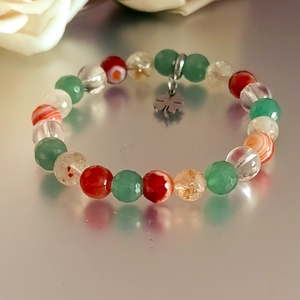 Szerencse és bőség ásványkarkötő citrinnel, aventurinnal, sávos karneollal és hegyikristállyal, lóhere medállal - ékszer - karkötő - ásványkarkötő - Meska.hu