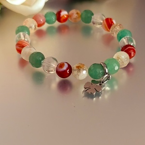 Szerencse és bőség ásványkarkötő citrinnel, aventurinnal, sávos karneollal és hegyikristállyal, lóhere medállal, Ékszer, Karkötő, Ásványkarkötő, Ékszerkészítés, MESKA