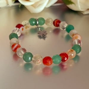 Szerencse és bőség ásványkarkötő citrinnel, aventurinnal, sávos karneollal és hegyikristállyal, lóhere medállal - ékszer - karkötő - ásványkarkötő - Meska.hu