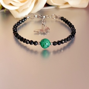 Fekete spinell karkötő azurit-malachittal, pillangó medállal, Ékszer, Karkötő, Ásványkarkötő, Ékszerkészítés, MESKA