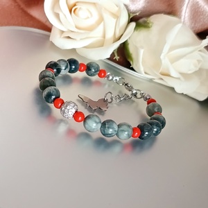 Sasszem és vörös korall női ásvány karkötő cirkónia gömbbel, Ékszer, Karkötő, Ásványkarkötő, Ékszerkészítés, MESKA