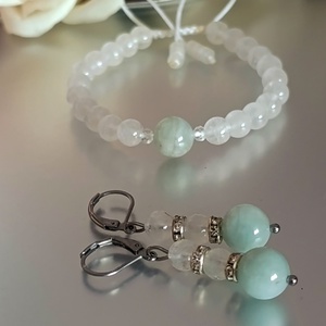 Akvamarin és hegyikristály csomózott karkötő és fülbevaló, a belső béke ékszere, Ékszer, Ékszerszett, Csomózás, Ékszerkészítés, MESKA
