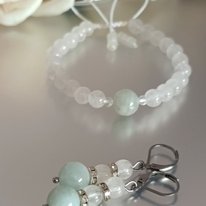Akvamarin és hegyikristály csomózott karkötő és fülbevaló, a belső béke ékszere, Ékszer, Ékszerszett, Csomózás, Ékszerkészítés, MESKA