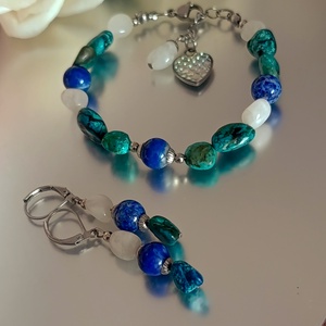 Krizokolla, szivárvány holdkő és lapis lazuli ásvány karkötő és fülbevaló, Ékszer, Ékszerszett, Ékszerkészítés, MESKA