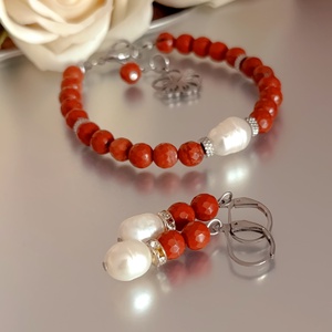 Édesvízi gyöngy és vörös jáspis ékszerszett, Esküvő, Ékszer, Ékszerszett, Ékszerkészítés, MESKA