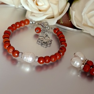 Édesvízi gyöngy és vörös jáspis ékszerszett - esküvő - ékszer - ékszerszett - Meska.hu