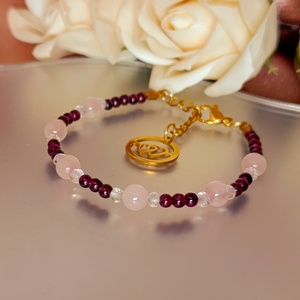 Gránát, rózsakvarc és hegyikristály kapcsos ásványkarkötő szív medállal, Ékszer, Karkötő, Ásványkarkötő, Ékszerkészítés, MESKA