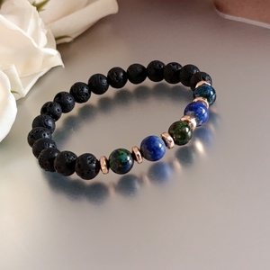 Azurit-malachit, lapis lazuli, hematit és lávakő női ásvány karkötő, aroma ékszer - ékszer - karkötő - ásványkarkötő - Meska.hu