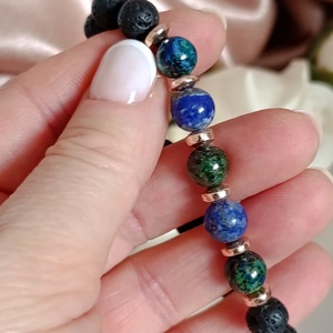 Azurit-malachit, lapis lazuli, hematit és lávakő női ásvány karkötő, aroma ékszer, Ékszer, Karkötő, Ásványkarkötő, Ékszerkészítés, MESKA