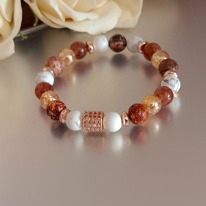 Stabilitás - belső erő ásványkarkötő leopárd jáspissal, howlittal, arany aura kvarccal - Meska.hu