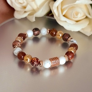 Stabilitás - belső erő ásványkarkötő leopárd jáspissal, howlittal, arany aura kvarccal - ékszer - karkötő - ásványkarkötő - Meska.hu