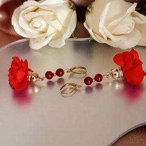 Karneol és textilvirág nemesacél lógós fülbevaló, Ékszer, Fülbevaló, Lógó fülbevaló, Ékszerkészítés, MESKA