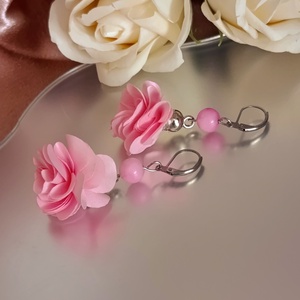 Rózsa jáde és textilvirág lógós nemesacél fülbevaló, Ékszer, Fülbevaló, Lógó fülbevaló, Ékszerkészítés, MESKA