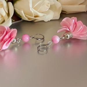 Rózsa jáde és textilvirág lógós nemesacél fülbevaló - ékszer - fülbevaló - lógó fülbevaló - Meska.hu