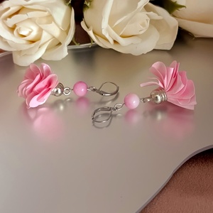 Rózsa jáde és textilvirág lógós nemesacél fülbevaló - ékszer - fülbevaló - lógó fülbevaló - Meska.hu