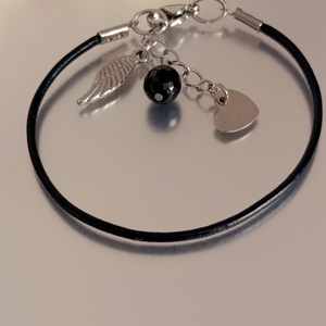 Védelmező obszidián karkötő angyalszárnnyal és szív medállal, Ékszer, Karkötő, Karkötő medállal, Ékszerkészítés, MESKA