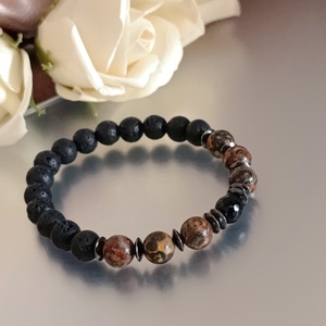 Erő és stabilitás férfi karkötő lávakővel, leopárd jáspissal, fekete obszidiánnal és hematittal  - ékszer - karkötő - ásványkarkötő - Meska.hu