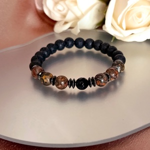 Erő és stabilitás férfi karkötő lávakővel, leopárd jáspissal, fekete obszidiánnal és hematittal  - ékszer - karkötő - ásványkarkötő - Meska.hu