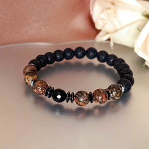 Erő és stabilitás férfi karkötő lávakővel, leopárd jáspissal, fekete obszidiánnal és hematittal , Ékszer, Karkötő, Ásványkarkötő, Ékszerkészítés, MESKA