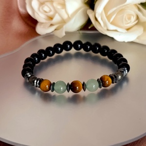 Bőségtudat férfi ásványkarkötő tigrisszemmel, aventurinnal, pirittel, hematittal és ónixszal - ékszer - karkötő - ásványkarkötő - Meska.hu