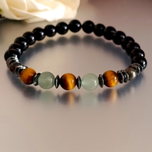 Bőségtudat férfi ásványkarkötő tigrisszemmel, aventurinnal, pirittel, hematittal és ónixszal - ékszer - karkötő - ásványkarkötő - Meska.hu