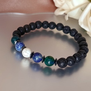 Azurit-malachit, lapis lazuli, howlit és lávakő karkötő hematit korongokkal - ékszer - karkötő - ásványkarkötő - Meska.hu