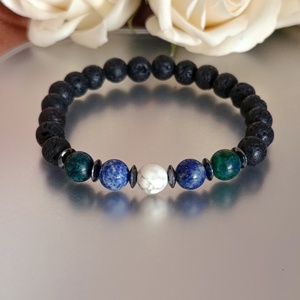 Azurit-malachit, lapis lazuli, howlit és lávakő karkötő hematit korongokkal - ékszer - karkötő - ásványkarkötő - Meska.hu