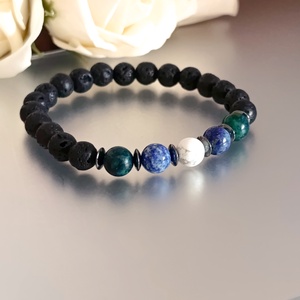 Azurit-malachit, lapis lazuli, howlit és lávakő karkötő hematit korongokkal, Ékszer, Karkötő, Ásványkarkötő, Ékszerkészítés, MESKA