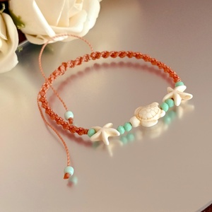 Állítható nyári bokalánc tengeri csillaggal és teknőssel, Ékszer, Lábdísz és Testékszer, Bokalánc, Csomózás, Ékszerkészítés, MESKA