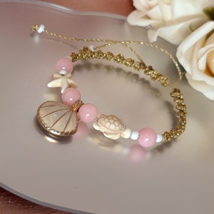 Nyári állítható karkötő jádeval, tengeri csillaggal, kagylóval és teknőssel, Ékszer, Karkötő, Fonott karkötő, Csomózás, Ékszerkészítés, MESKA