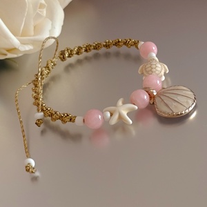 Nyári állítható karkötő jádeval, tengeri csillaggal, kagylóval és teknőssel - ékszer - karkötő - fonott karkötő - Meska.hu