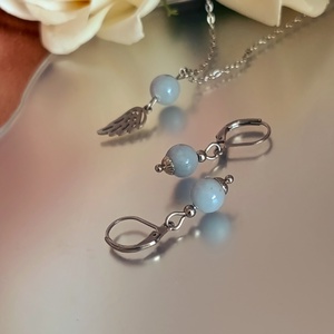 Nemesacél nyaklánc és fülbevaló szett angelittel és angyalszárnnyal, Ékszer, Ékszerszett, Ékszerkészítés, MESKA