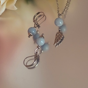 Nemesacél nyaklánc és fülbevaló szett angelittel és angyalszárnnyal - ékszer - ékszerszett - Meska.hu