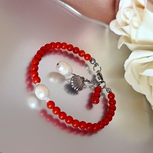 Vörös korall, édesvízi gyöngy és hegyikristály karkötő, Ékszer, Karkötő, Gyöngyös karkötő, Ékszerkészítés, MESKA
