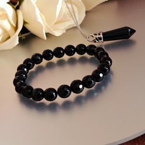 Védelmező fekete obszidián szett, nyaklánc csúcsmedállal és karkötővel, Ékszer, Karkötő, Ásványkarkötő, Ékszerkészítés, MESKA