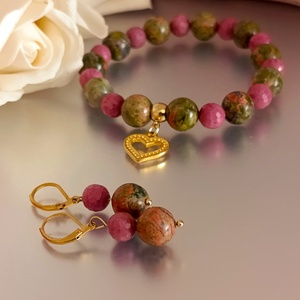 Szívgyógyító ásványkarkötő és fülbevaló unakittal és thulittal , Ékszer, Ékszerszett, Ékszerkészítés, MESKA