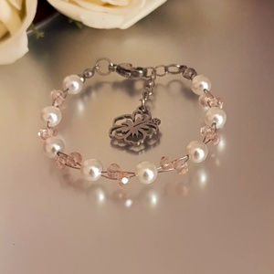 Ballagásra - kagylóhéj és rózsaszín üveggyöngy karkötő virág medállal - ékszer - karkötő - lánc karkötő - Meska.hu