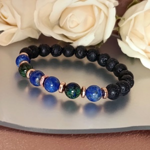 Azurit-malachit, lapis lazuli, hematit és lávakő női ásvány karkötő, aroma ékszer - ékszer - karkötő - ásványkarkötő - Meska.hu