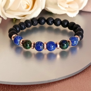 Azurit-malachit, lapis lazuli, hematit és lávakő női ásvány karkötő, aroma ékszer, Ékszer, Karkötő, Ásványkarkötő, Ékszerkészítés, MESKA