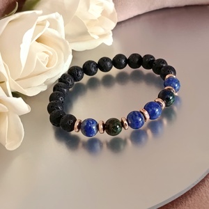 Azurit-malachit, lapis lazuli, hematit és lávakő női ásvány karkötő, aroma ékszer - ékszer - karkötő - ásványkarkötő - Meska.hu